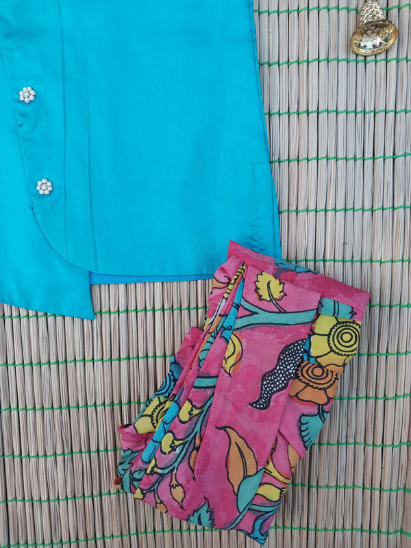 Blue Sleeveless Kurta And Pink Kalamkari Dhoti