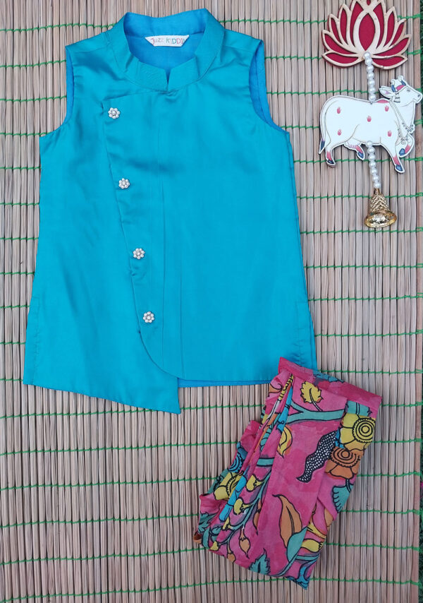 Blue Sleeveless Kurta And Pink Kalamkari Dhoti