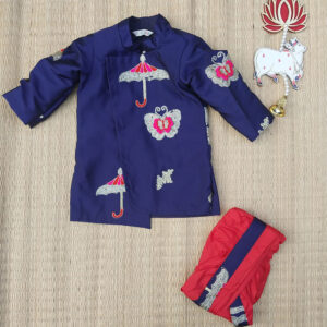 Navy Blue Self Design Sherwani And Dhoti