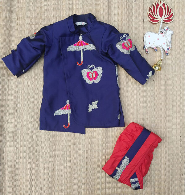 Navy Blue Self Design Sherwani And Dhoti