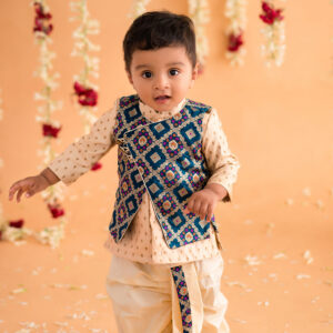 Offwhite Dhoti Kurta With Blue Overcoat