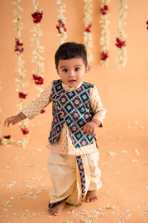 Offwhite Dhoti Kurta With Blue Overcoat