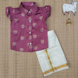 Onion Pink Lotus Motif Brocade Shirt And Offwhite Vesti