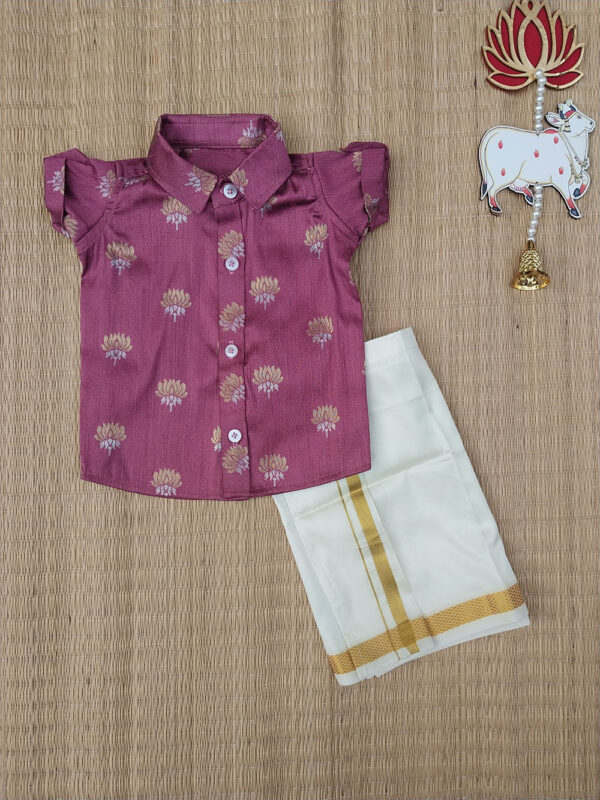 Onion Pink Lotus Motif Brocade Shirt And Offwhite Vesti