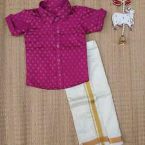 Pink Brocade Shirt And Offwhite Vesti