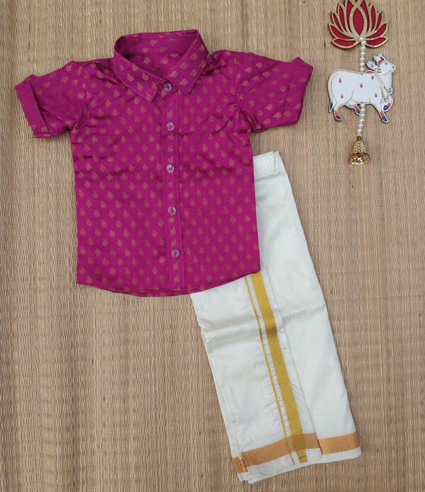 Pink Brocade Shirt And Offwhite Vesti