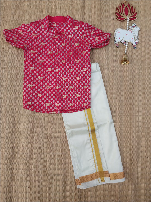 Red Brocade Shirt With Offwhite Vesti