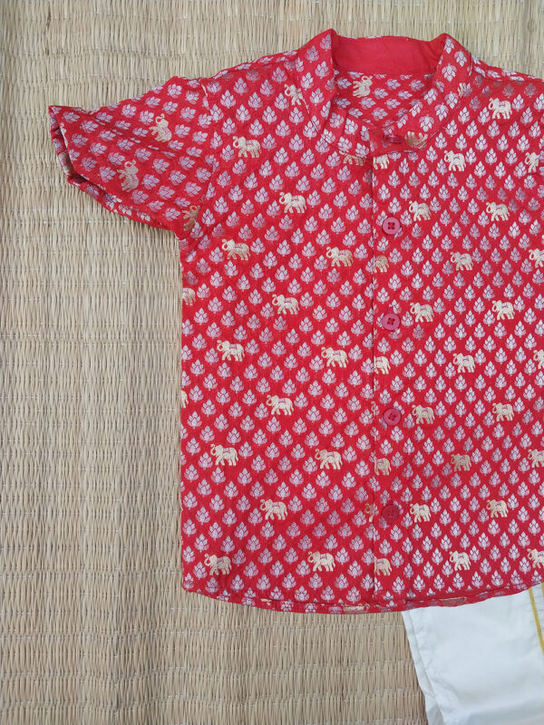 Red Brocade Shirt With Offwhite Vesti