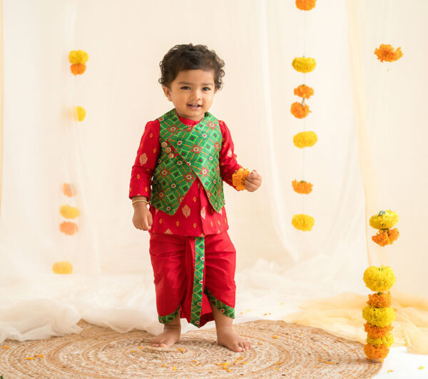 Red Dhoti Kurta With Green Overcoat