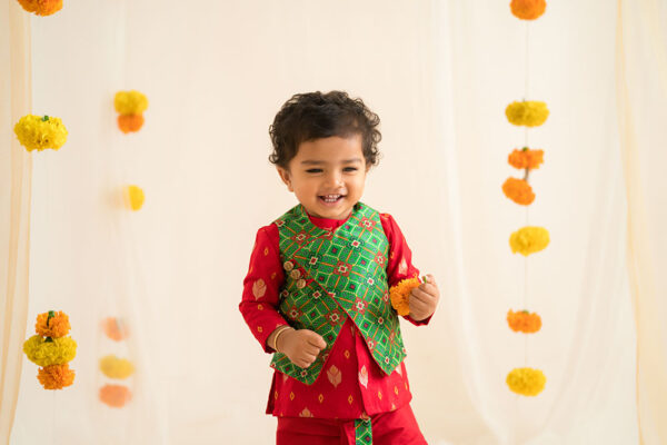 Red Dhoti Kurta With Green Overcoat