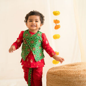 Red Dhoti Kurta With Green Overcoat