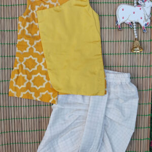 Yellow Sleeveless Kurta And Offwhite Checks Dhoti