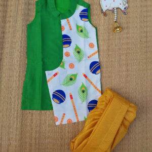 Green Sleevless Kurta And Yellow Checks Dhoti